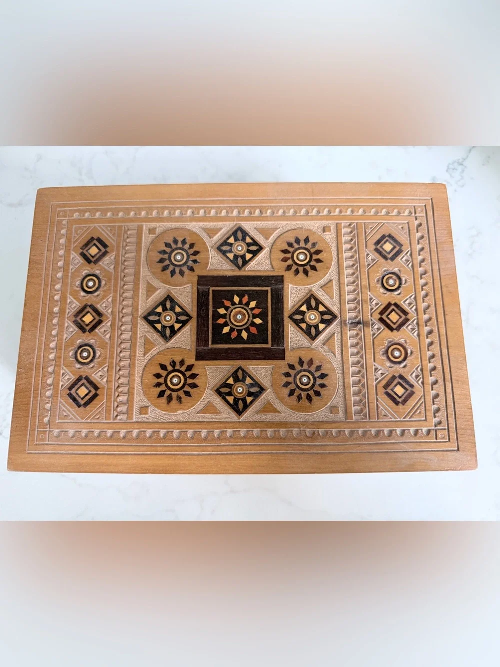 Vintage Hand Made Carved Wood Inlay Decorative Box - Brown & Black Accent
